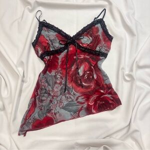 Y2k Floral Lace Trim Camisole - Red and Gray